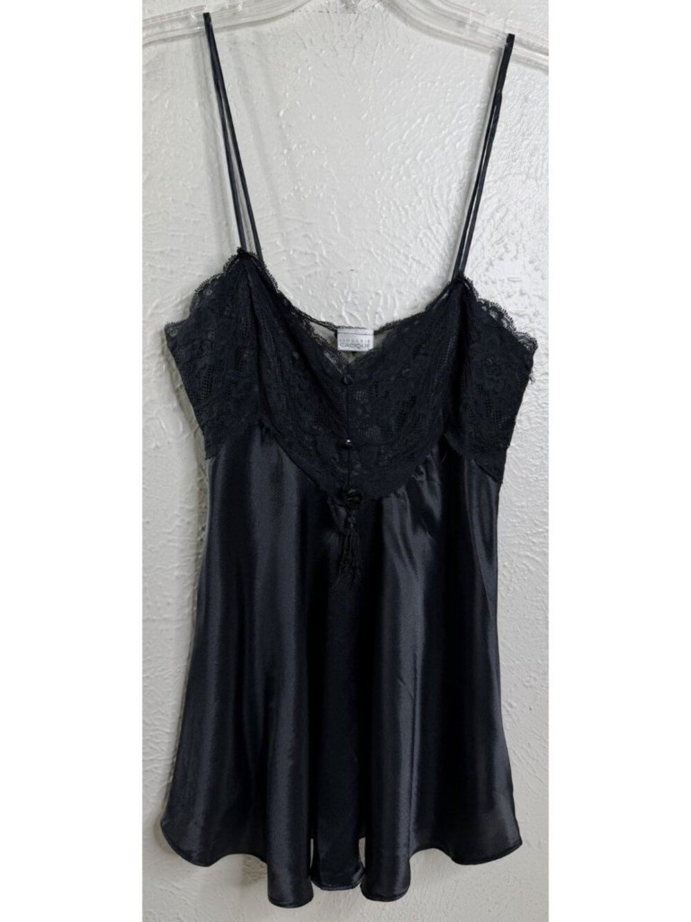 VTG Cacique Lingerie Small Satin Lace Camisole Top Sheer Sleepwear Black EUC